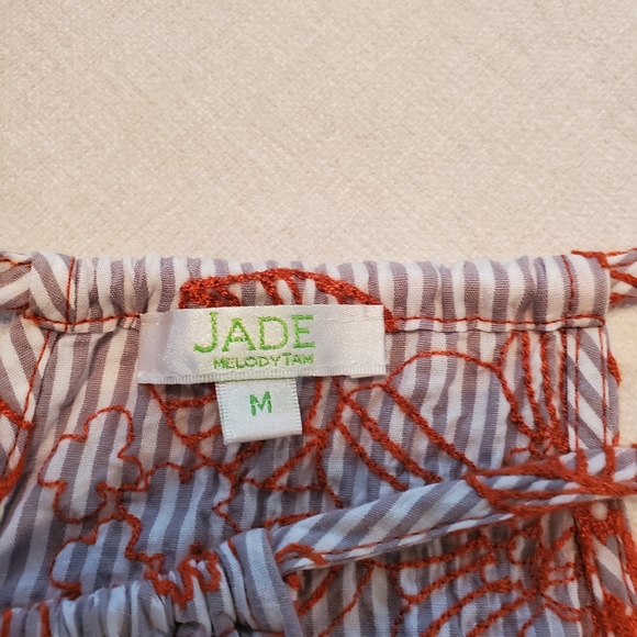 Halter style drawstring top.  Gray/white striped with all-over embroidery - Picture 5 of 8